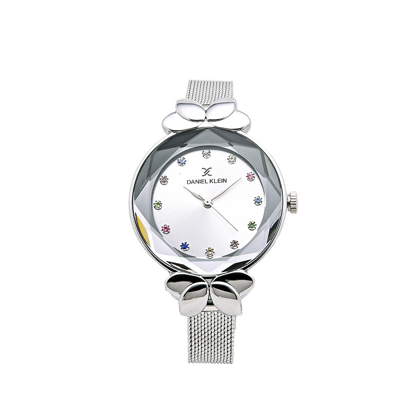 Đồng hồ nữ dây thép lưới chính hãng Daniel Klein DK.1.12554.1 chống nước, cọc số đính đá nhiều màu, mặt hiệu ứng Sunray