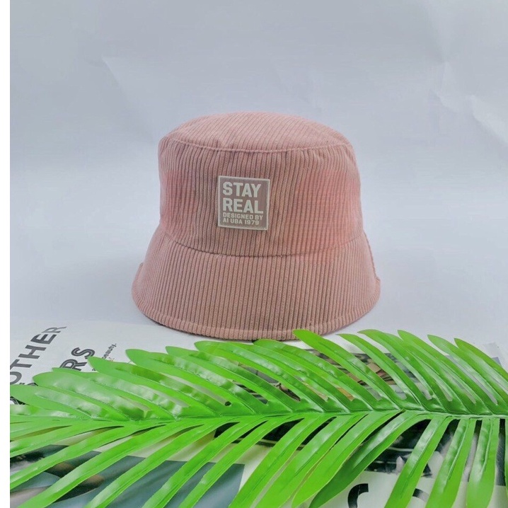 Mũ bucket HAZIN thêu chữ Stay Real vành nón cụp nhung nhiều màu phong cách Unisex phù hợp cả nam nữ