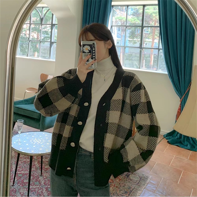 Áo cardigan len nữ ô vuông bàn cờ Quảng châu cao cấp màu đen xanh lá phong cách Hàn Quốc mới nhất thu 2022 Kozoda AC43