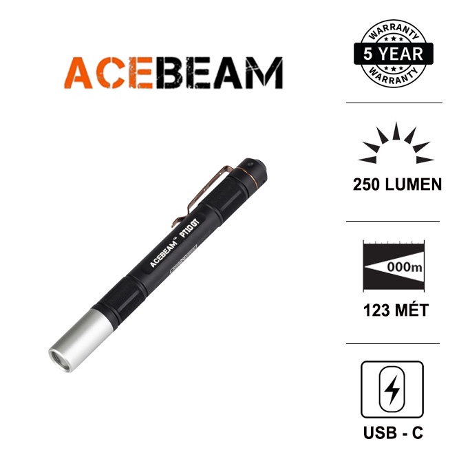 Đèn bút ACEBEAM PT10GT LED OSRAM sáng 250lumen chiếu xa 123m pin Li-ion 10900 USB kèm theo Đèn &amp; Đèn pin