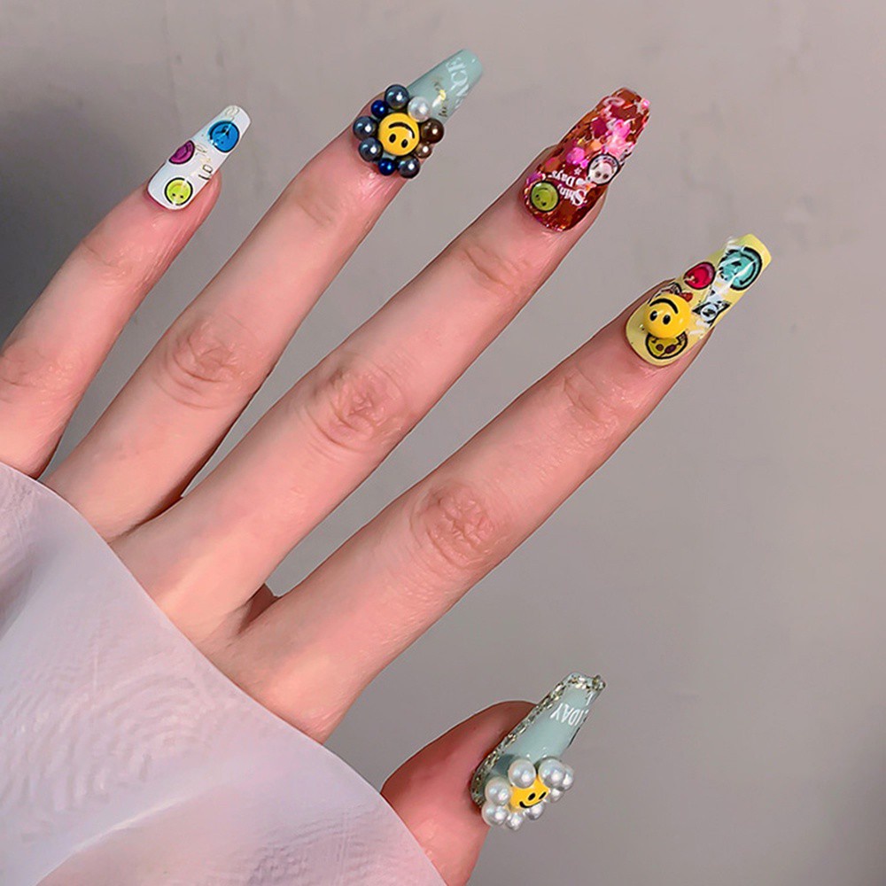 [Hàng mới về] Phụ kiện trang trí móng tay nghệ thuật họa tiết hoa / mặt cười 3d nhiều màu dễ thương diy