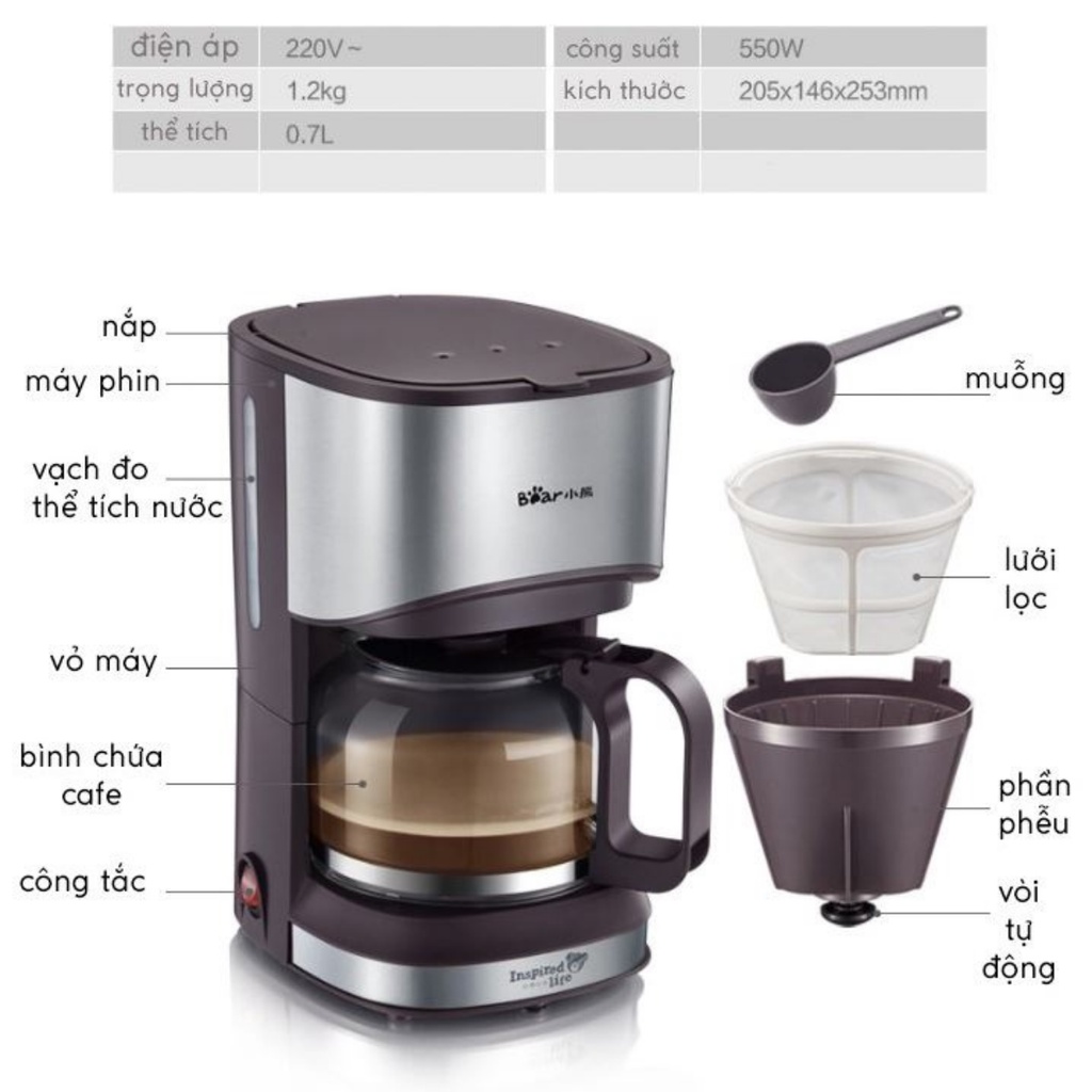 Máy pha cà phê mini tự động BEAR KFJ-A07V1 chính hãng pha Espresso cafe rang xay nguyên chất tặng 100gr bột café Arabica