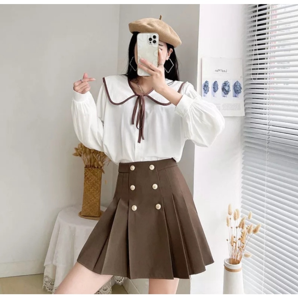 Chân váy ngắn xếp ly lưng cao, chân váy xếp li nữ dáng chữ A phối cúc sang chảnh
