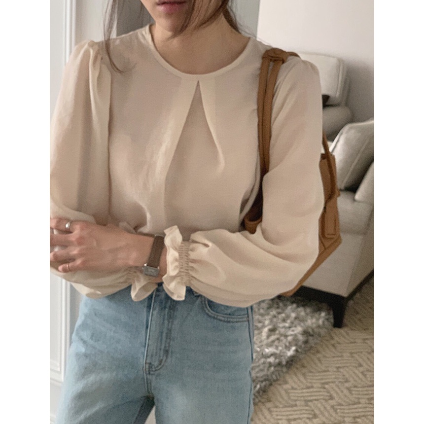 Áo Sơ Mi Tay Dài Phồng Cổ Tròn Màu Sắc Đơn Giản Thời Trang Mùa Hè Cho Nữ