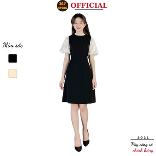 Đầm công sở chữ A 247STORE (2 màu), dáng dài, cộc tay, tay bồng, cổ tròn, ôm eo, vải trượt hàn mềm nhẹ