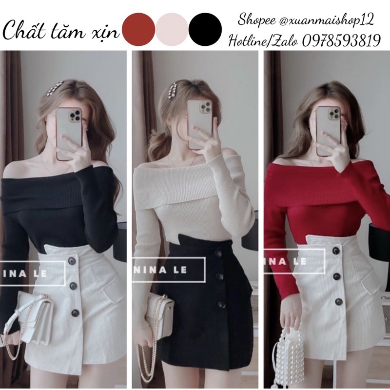 Áo nữ tiểu thư trễ vai tay dài chất liệu len tăm loại 1 dày đẹp ba màu đỏ đen trắng