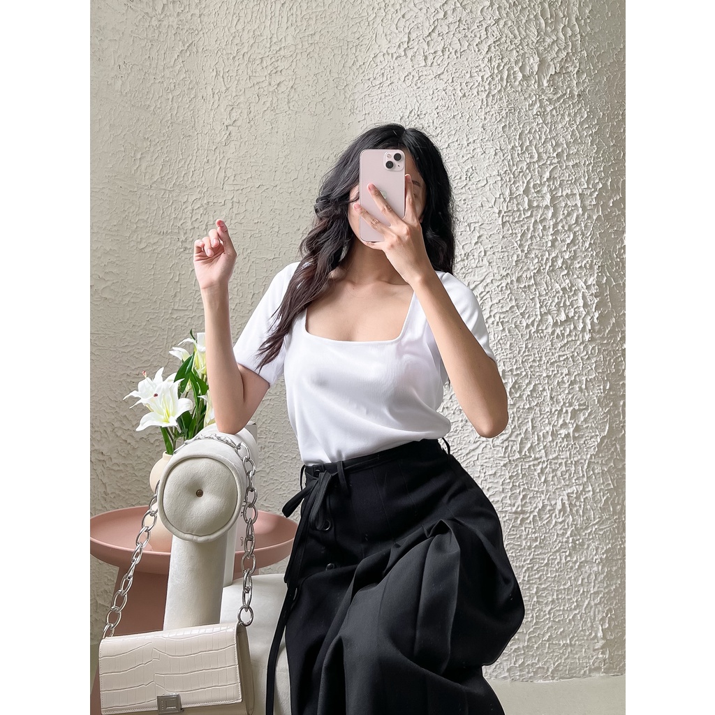 Áo thun gân cổ vuông tay ngắn - EDINI - A1423