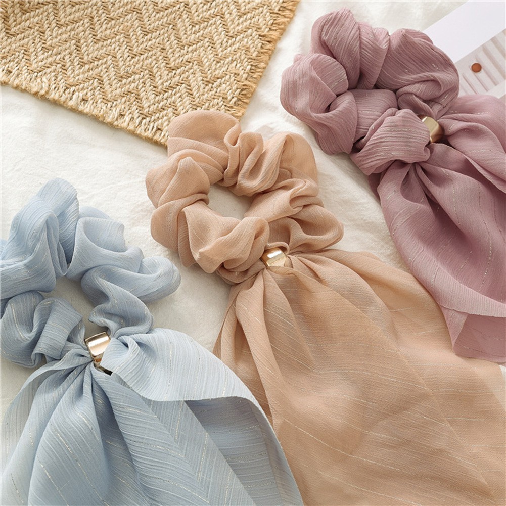 Dây thun cột tóc chiffon 2 lớp dài phối nơ xinh xắn