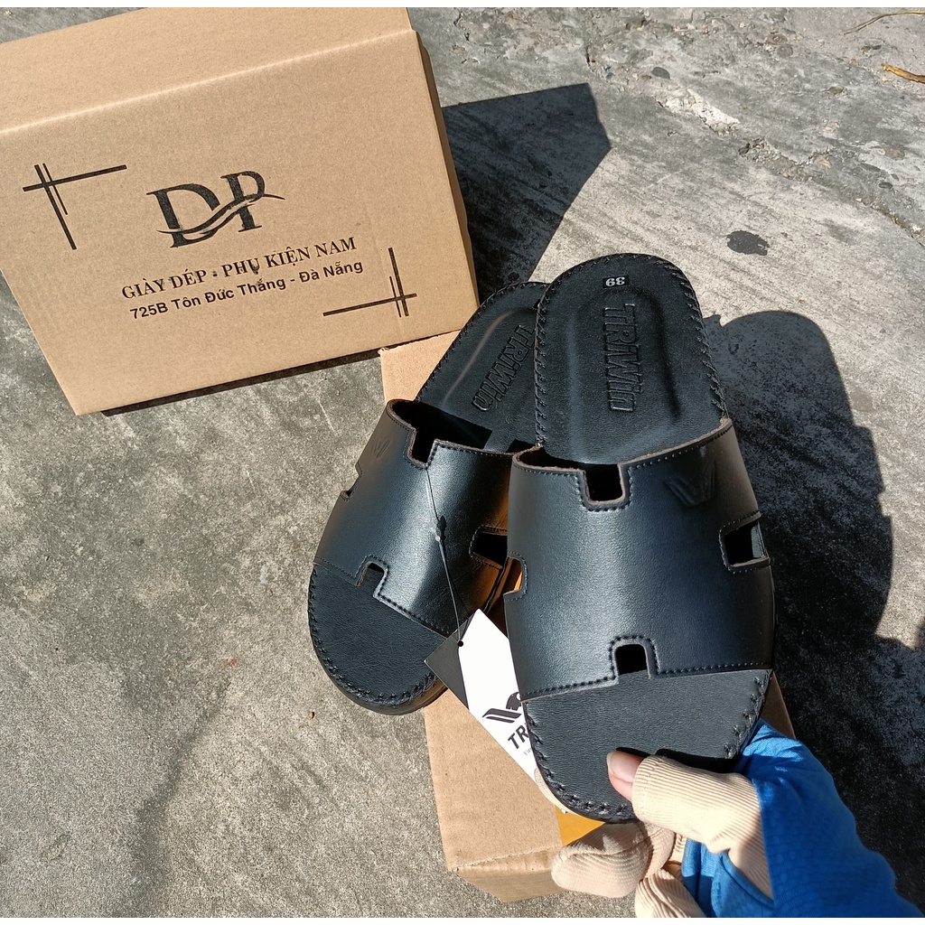 Dép Da Nam Cao Cấp Quai Ngang Chữ H Màu Đen Sang Trọng Quý Phái