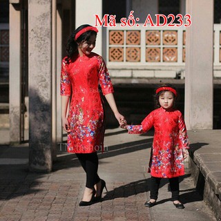 ⚡️ có big size 2XL ⚡️ AD233 Áo Dài Cách Tân GẤM MẸ VÀ BÉ cổ trụ nên đỏ họa tiết hoa.