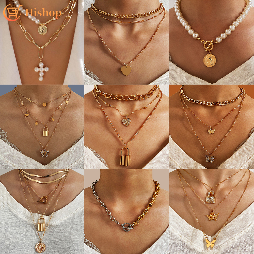 Con Bướm Vòng Cổ Nhiều Lớp Mặt Hình Bướm Đính Ngọc Trai Thời Trang