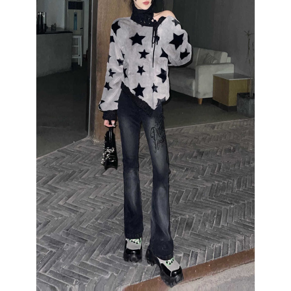 Quần Jean Ống Loe Lưng Cao Ôm Dáng Thêu Họa Tiết Phong Cách Mỹ Thời Trang Xuân Thu Mới Cho Nữ