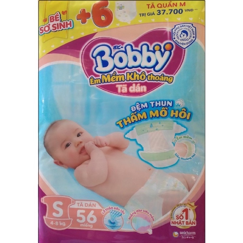 [TẶNG 6M QUẦN S56+6] Tã Dán Bobby Siêu Thấm Khô Thoáng Size S56 miếng