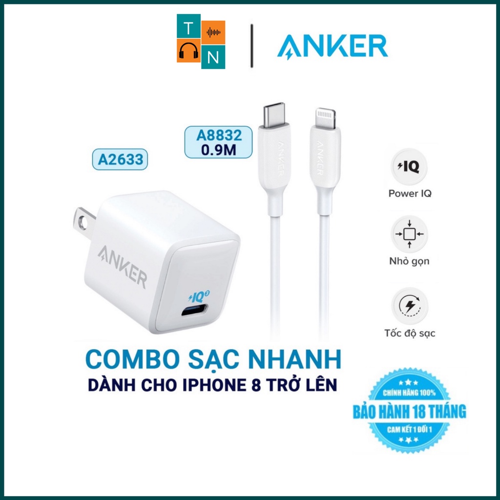 【Giao nhanh】Combo Sạc nhanh iPhone ANKER PowerPort III Nano PIQ 3.0 20W A2633 + Cáp C to Lightning A8832 Chính Hãng