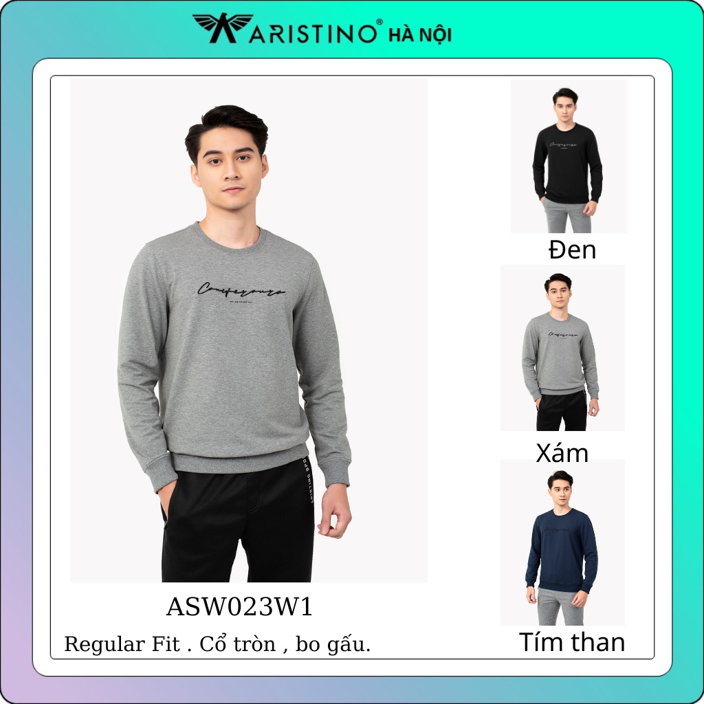 Áo thu đông nam Aristino cao cấp chữ in trước ngực from rộng chất cotton ASW023W1