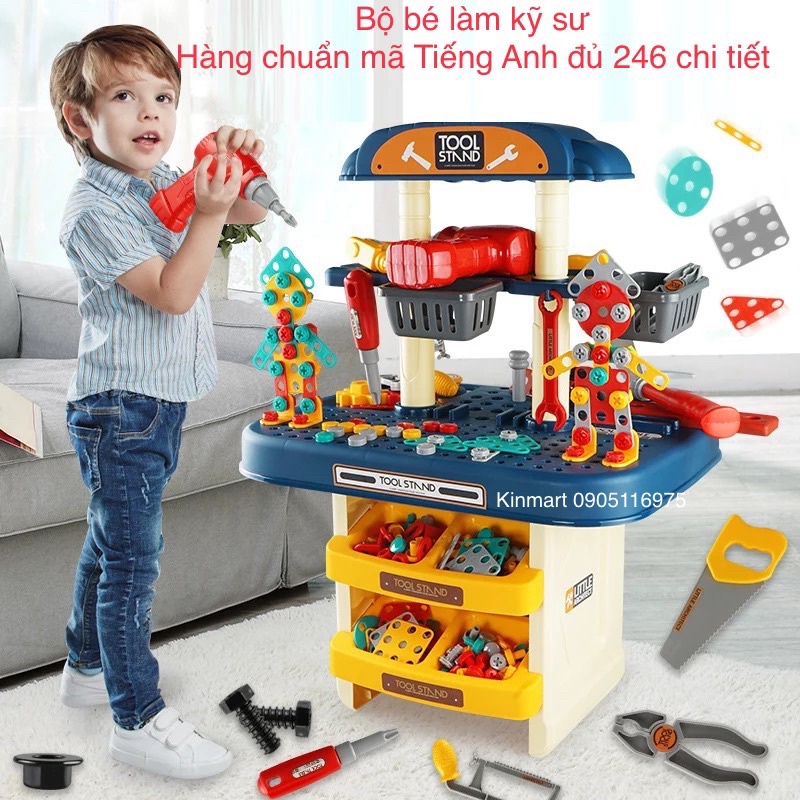 Đồ chơi bé làm kỹ sư cỡ lớn 246 chi tiết ốc vít lắp ráp, khoan tay chạy bằng pin