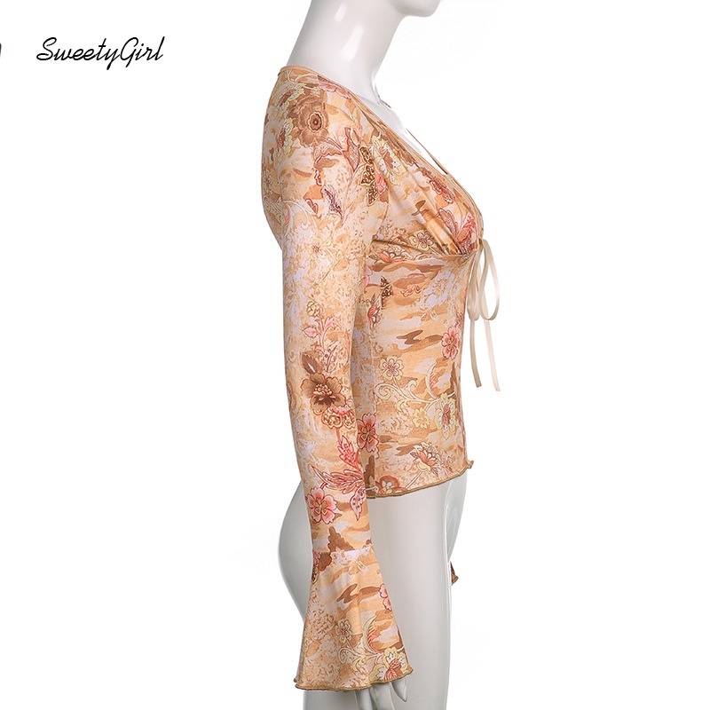 Áo Thun Tay Loe Dài Cổ Chữ V In Họa Tiết Phong Cách Cổ Điển Thời Trang Dành Cho Nữ