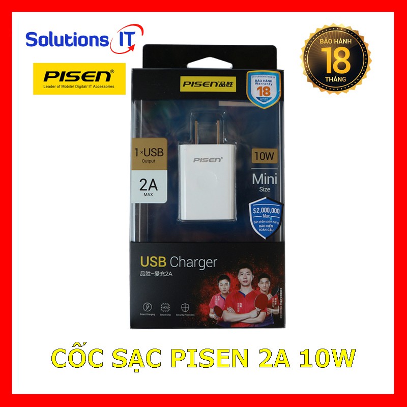 Cốc sạc Pisen USB Charger 2A – Sạc nhanh 10W – Hàng chính hãng bảo hành 18 tháng