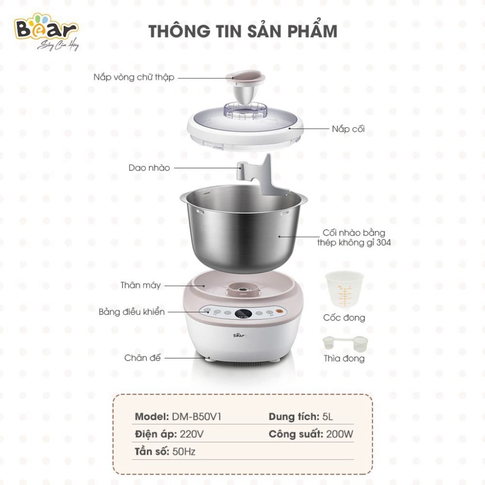 [Mã ELHAMS5 giảm 6% đơn 300K] Máy nhào bột tự động màu bạc 5L Bear DM- B50V1 chính hãng