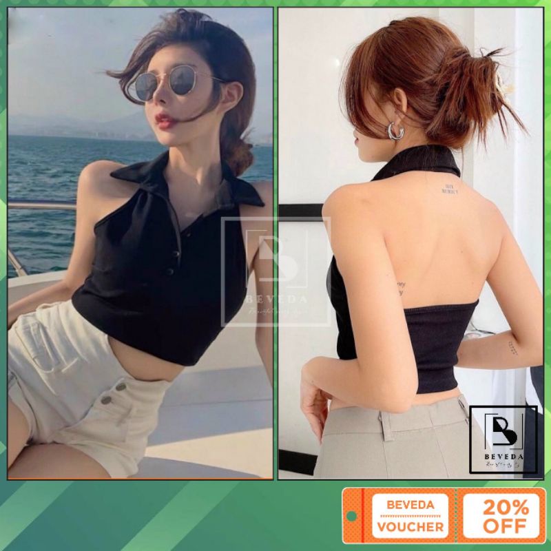 Áo Kiểu Nữ Ba Lỗ Croptop Cổ Bẻ Có Nút Hở Lưng