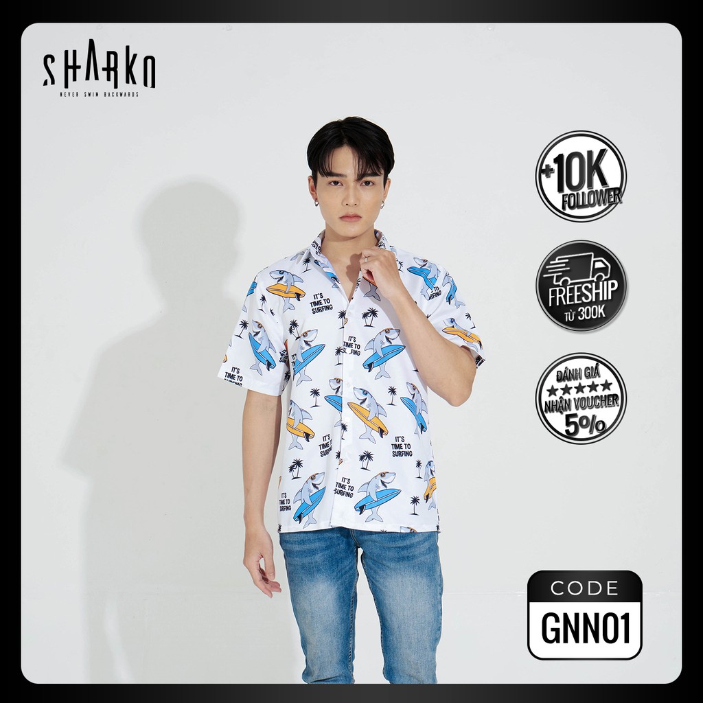 Áo sơ mi nam họa tiết SHARKO - SURFING SHARK, vải lụa thoáng mát, không nhăn, form rộng - GNN01
