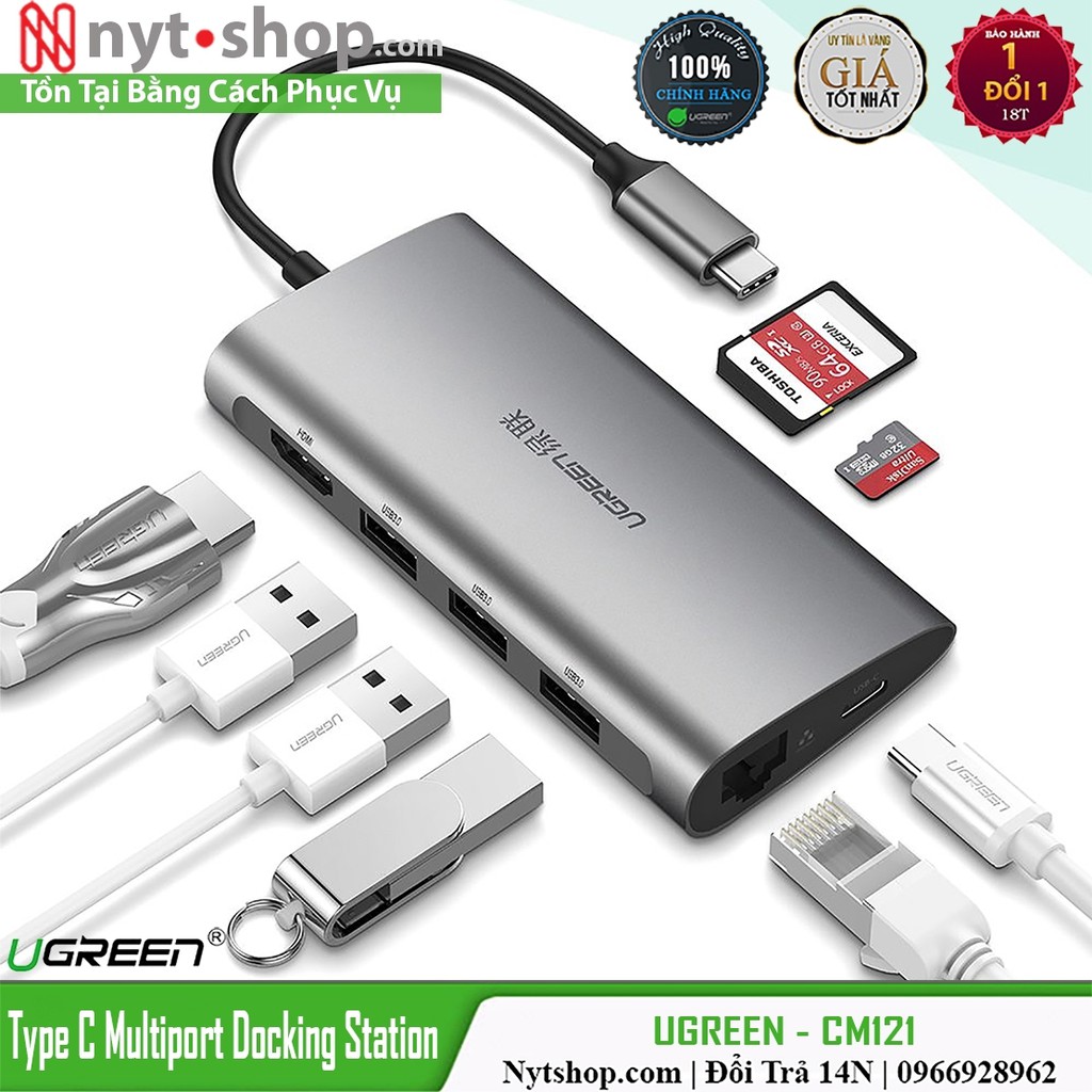 HUB USB Type-C Sang HDMI / VGA / USB 3.0 / RJ45 / TF/SD Card Cao Cấp | UGREEN CM121 Chính Hãng