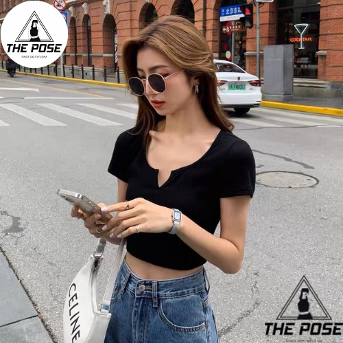 Áo Croptop Nữ Cổ Tròn Khoét Chữ V Trơn Basis 2 Màu Cơ Bản  THE POSE