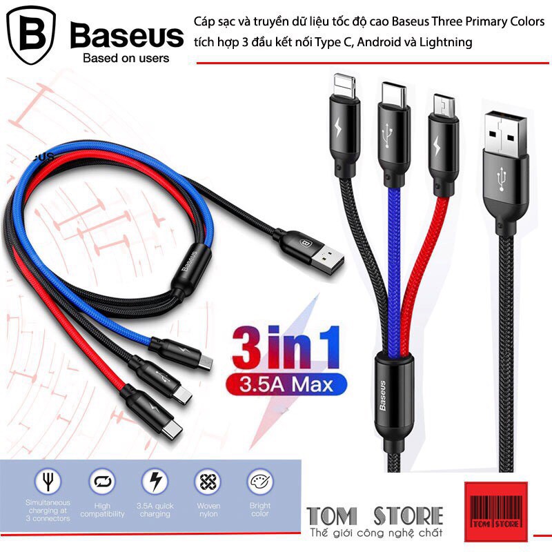 Cáp sạc và truyền dữ liệu tốc độ cao 3 đầu Baseus Three Primary Colors tích hợp kết nối Type C, Android và Lightning