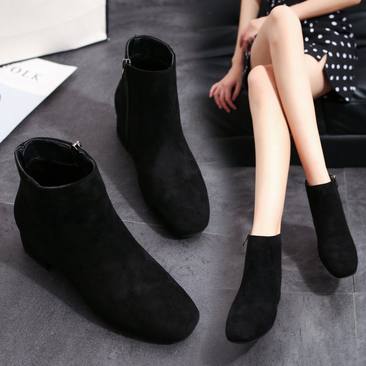 Giày bốt da lộn gót vừa dày phong cách Hàn Quốc thời trang mùa thu 2019 mới