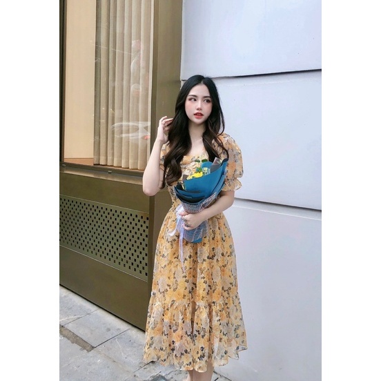 Váy xòe hoa dự tiệc cap cấp dáng dài tay bồng xinh chất liệu tơ 2 lớp dày dặn | BigBuy360 - bigbuy360.vn