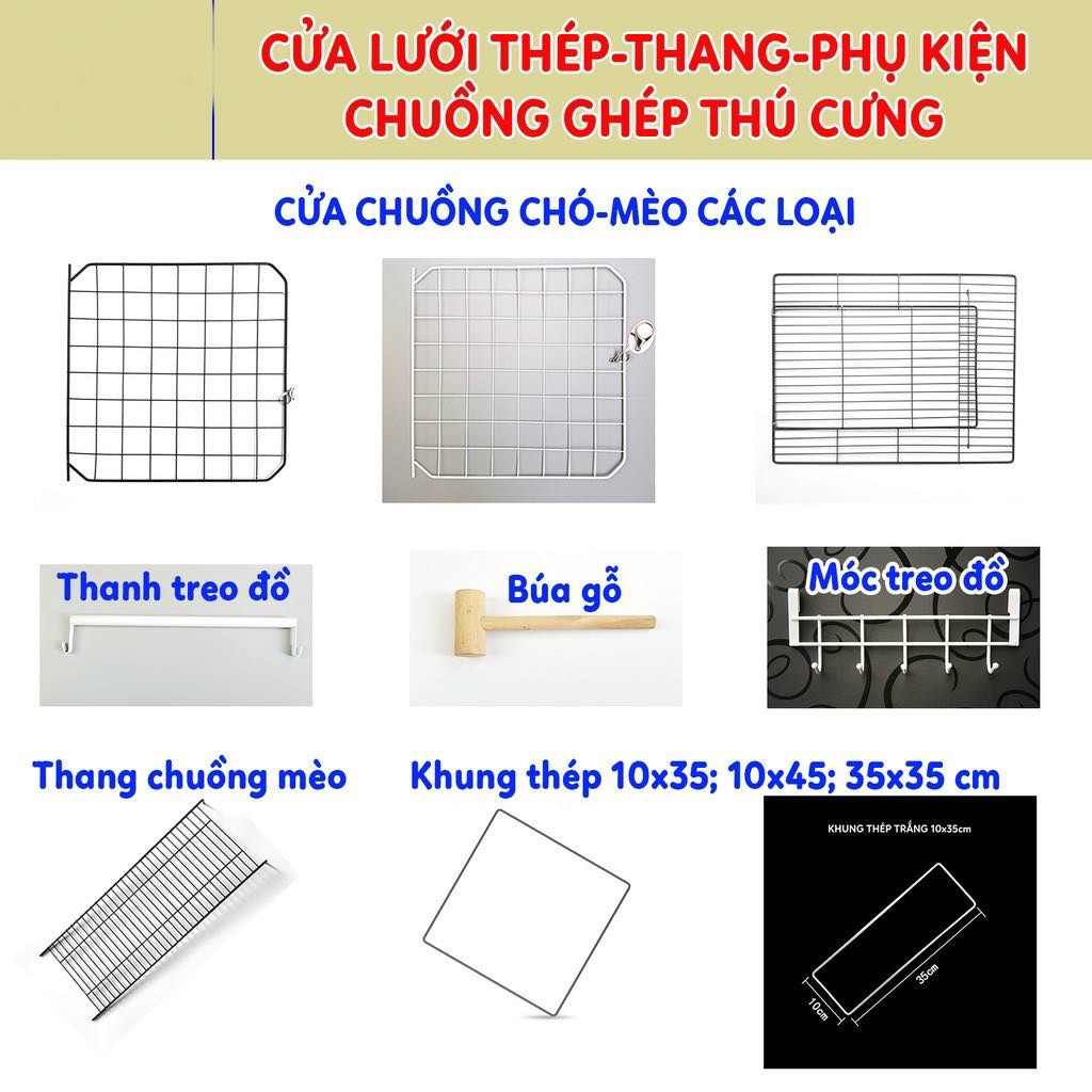 Cửa chuồng mèo lưới sắt, thang, khung sắt, búa gỗ, thanh treo đồ -phụ kiện lắp ghép chuồng thú cưng