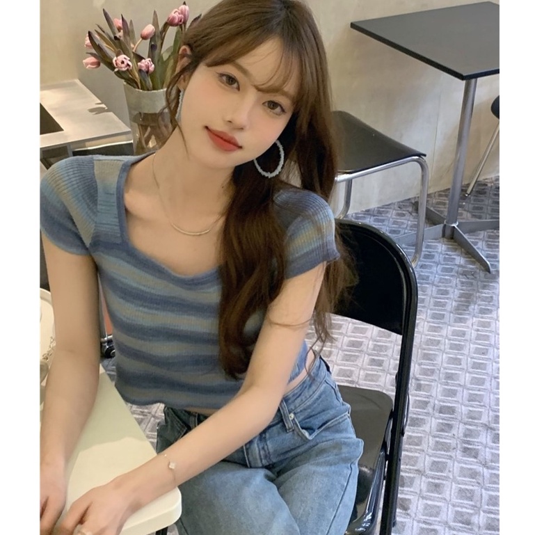Porozi  Áo crop top dệt kim  thời trang Hàn Quốc kẻ sọc ngắn tay