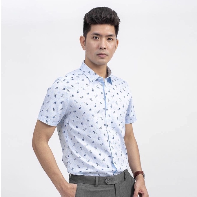 Áo sơ mi công sở nam ngắn tay Aristino màu trắng in lá xanh dáng slim fit tà lượn ASS032S9