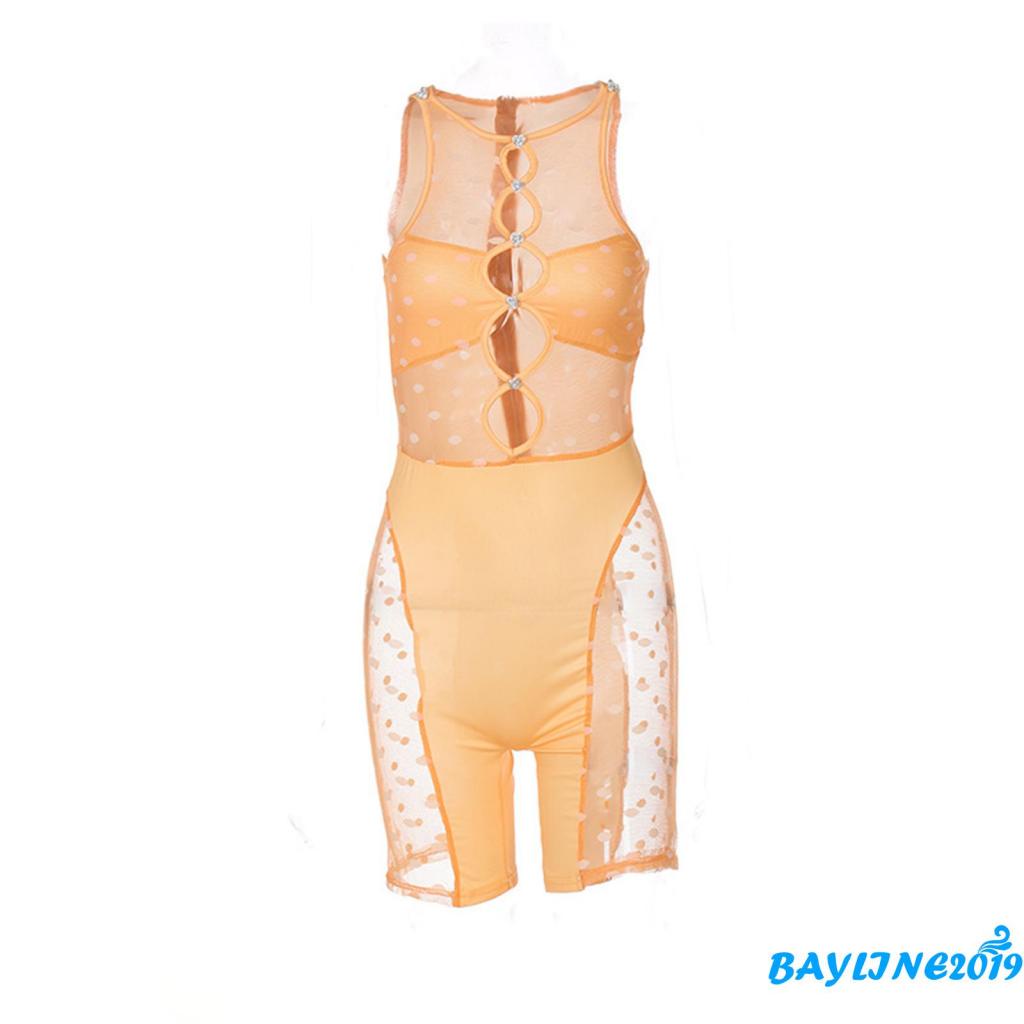 Bay-Women Sexy Hollow Out Overalls, Solid Color Round Collar Sleeveless Playsuit, S/ M/ L