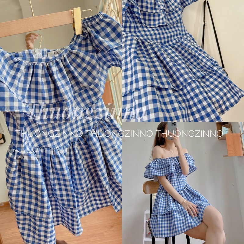 [Ảnh thật/Video]Đầm kẻ trễ vai bồng bềnh thiết kế ôm eo siêu tôn dáng Váy tiểu thư sang chảnh