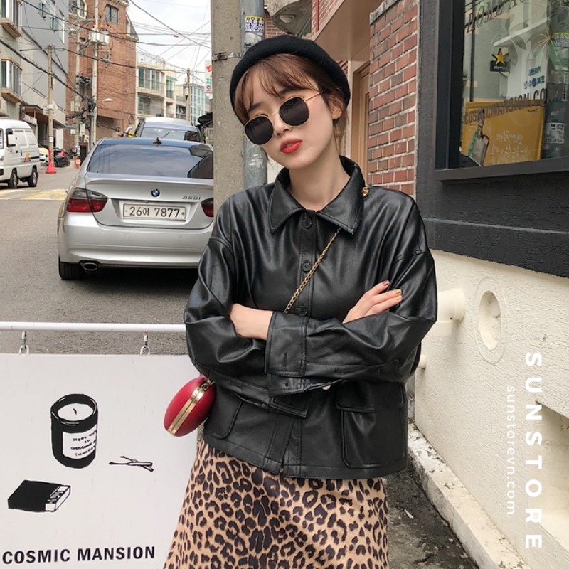 Áo khoác da 2 túi cài nút màu đen Ulzzang
