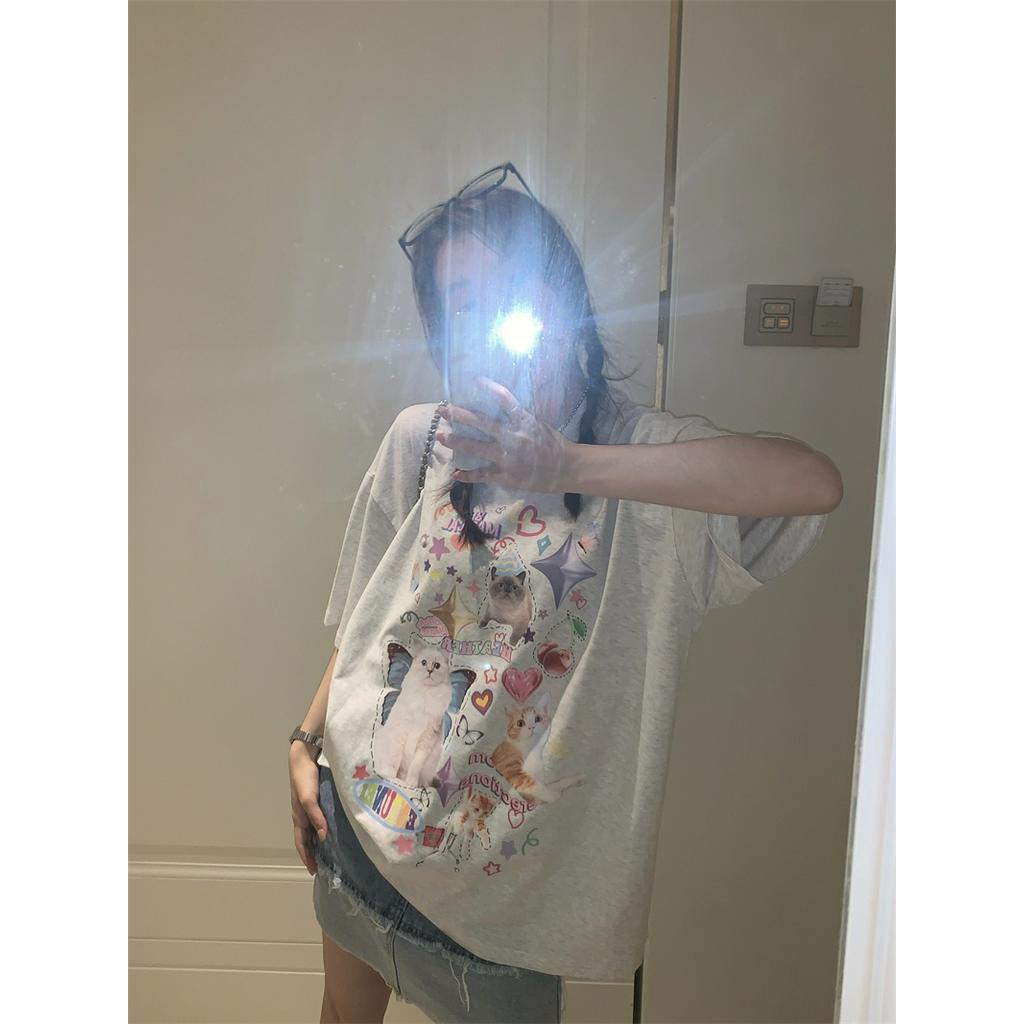 Áo Thun Cotton Dáng Rộng Ngắn Tay In Hình Mèo Dễ Thương Phong Cách Mới 62885