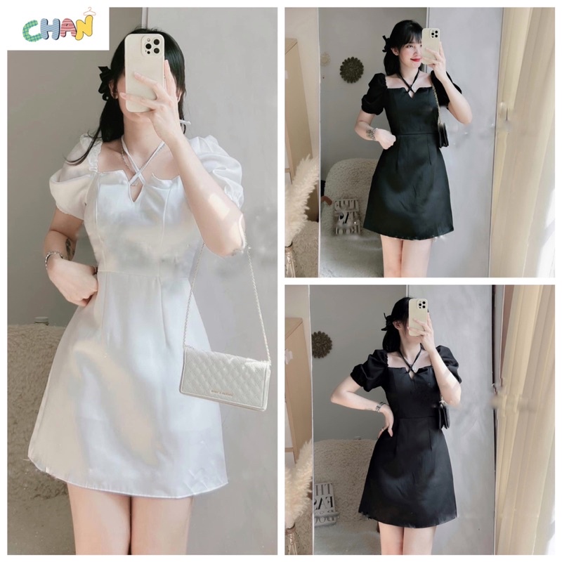 Váy Dây Chéo Buộc Cổ Khoá Lưng Tay Phồng Ulzzang Hàn Quốc