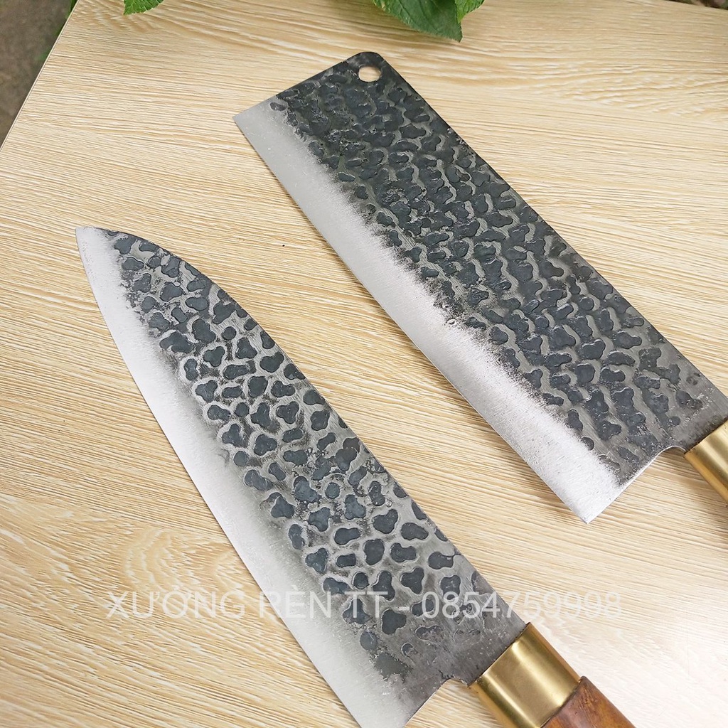 Bộ 2 Dao Thái Lọc Thép Nhíp Dập Vân 2 Mặt Cao Cấp - Cán Cẩm Chỉ Khâu Đồng