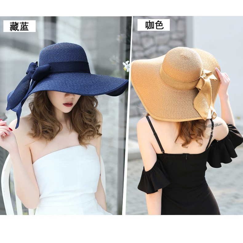 Mũ rộng vành vành rộng 15Cm phối nơ vải cói mềm thuận tiện bỏ balo