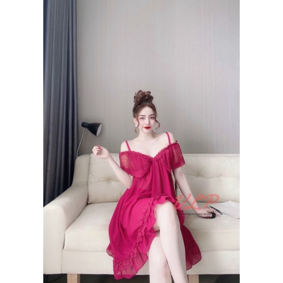 [BIGSIZE_85KG]_DN60_Váy Chiffon bẹt vai phối ren