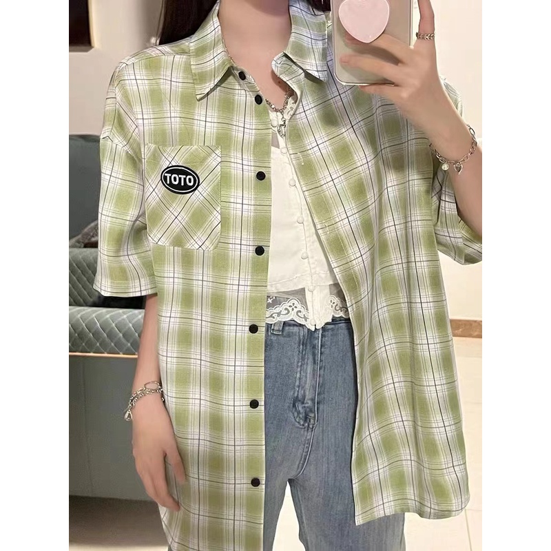 Áo Sơ Mi Tay Ngắn Họa Tiết Sọc Caro Thời Trang Phong Cách Hàn Quốc Cho Nữ