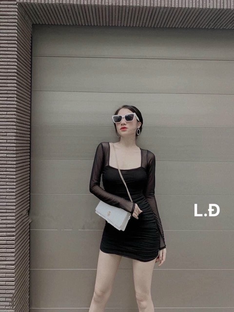 Đầm body nhún sườn tay lưới - Thun bozip