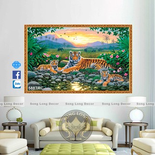 TRANH DÁN TƯỜNG 3D NGOẠ HỔ SƠN THUỶ, TRANH DÁN TƯỜNG GIA ĐÌNH HỔ - TRANH CON CỌP DÁN TƯỜNG PHONG THUỶ