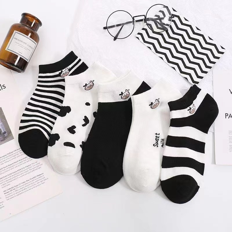 Vớ cotton Cổ Thấp Mỏng Kẻ Sọc Đen Trắng In Họa Tiết Hoạt Hình Thời Trang Mùa Hè Cho Nữ