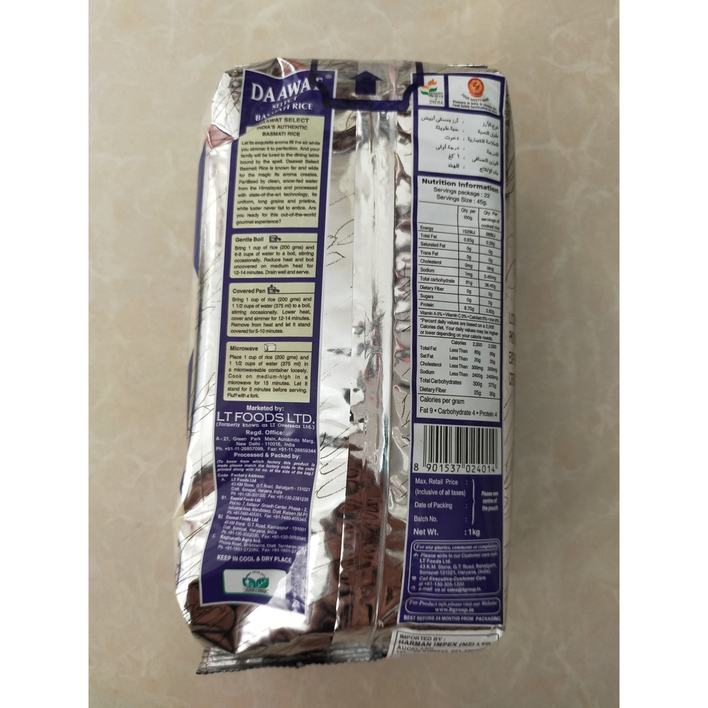 Gạo Basmati India Daawat 1kg Ấn Độ ngăn ngừa tiểu đường