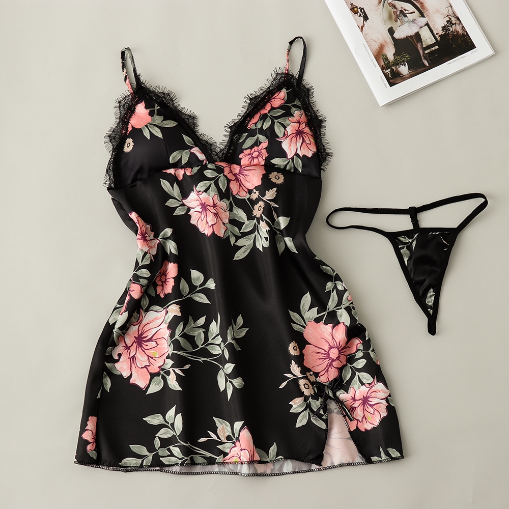 Đầm ngủ lụa satin phối ren hoa thiết kế quyến rũ