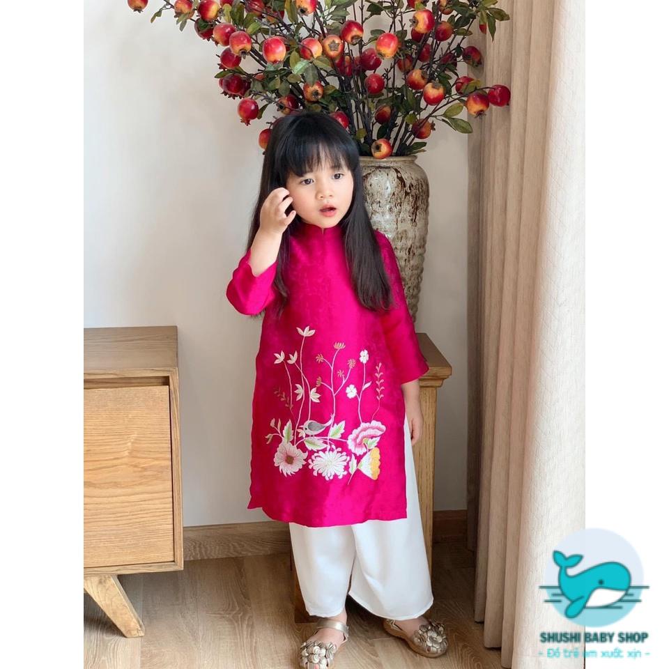 Áo Dài Lụa Truyền Thống Hàng Thiết Kế Cao Cấp Chubby Beans Thêu Tay Tinh Xảo