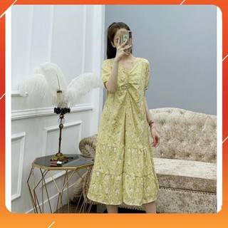 Váy Bầu 🌸 FREESHIP 🌸 Đầm Bầu Váy Bầu Kẻ Hoa Rúm Ngực Cực Xinh, Chất Đũi Đẹp, Freesize từ 45 đến 70Kg