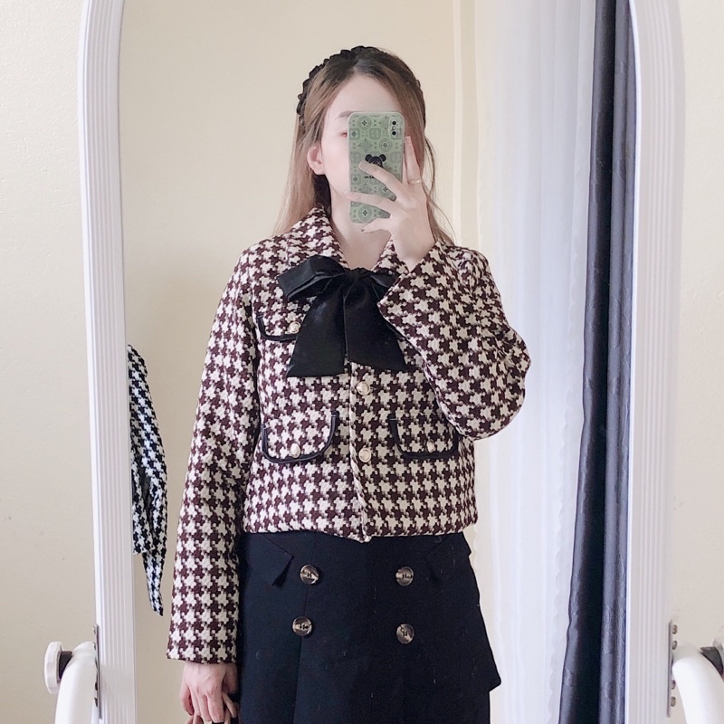 [ Ảnh độc quyền] Áo Khoác Dạ Nữ Vải Tweed Dáng Ngắn Croptop Dài Tay Hoạ Tiết Kẻ Sọc Caro Răng Sói có độn vai kèm nơ